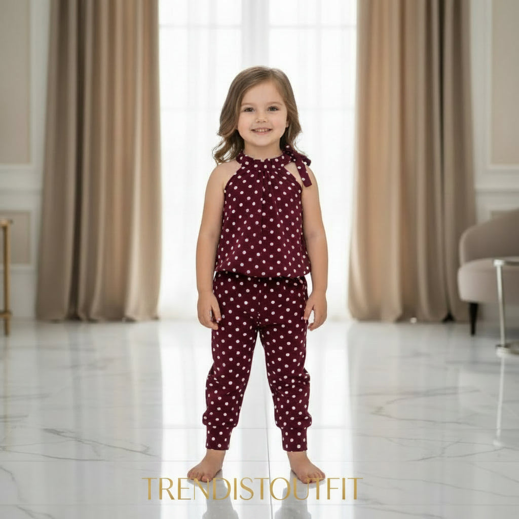 MAHROON POLKA DOT KIDS SILEEVLESS SUIT