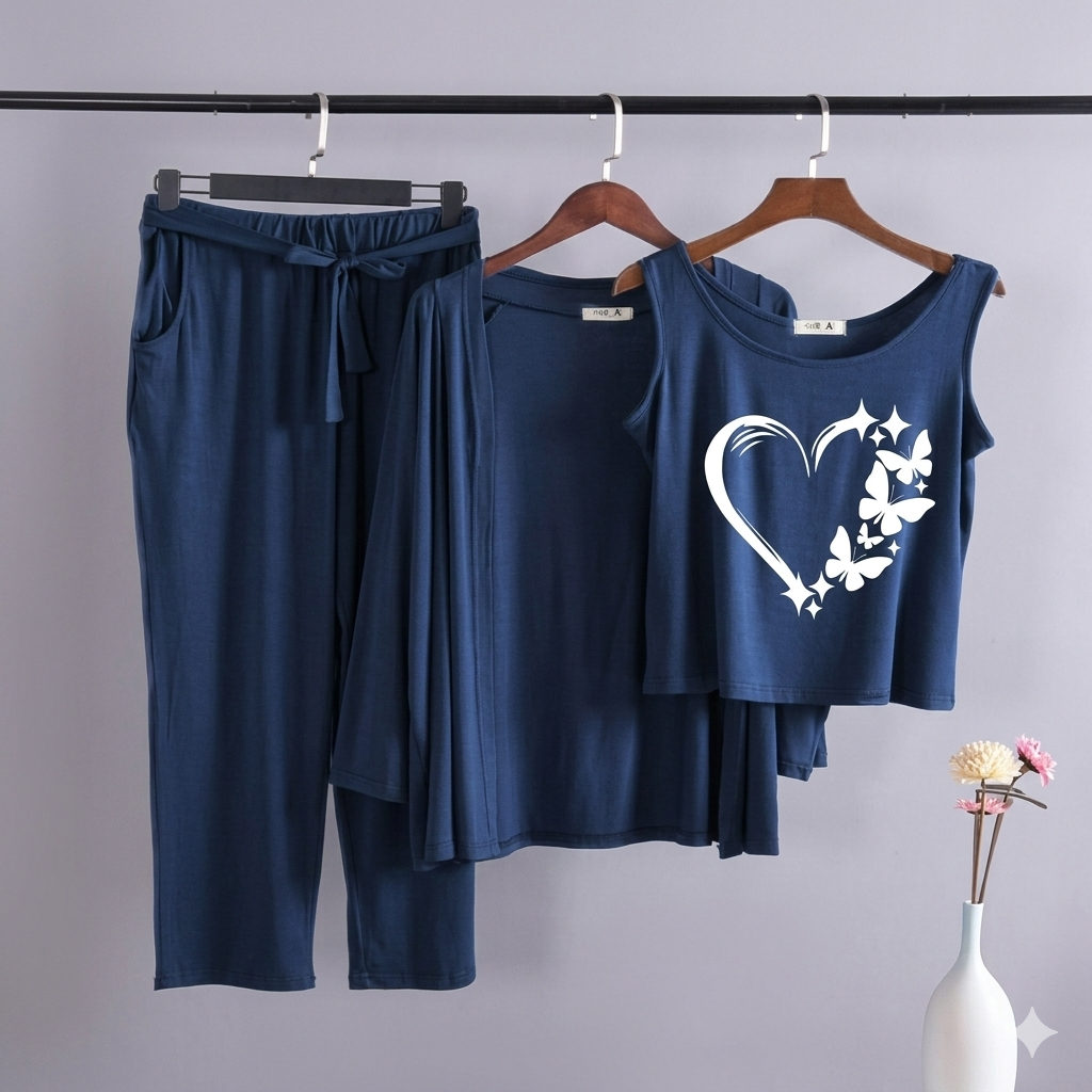 3 PIECE LOVE HEART PRINTED LOUNGEWEAR & HOME WEAR SETS COMFY NIGHTSUIT