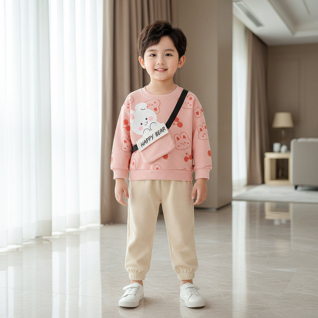 PEACH HAPPY BEAR KIDS WINTER SWEETSHIRT SET