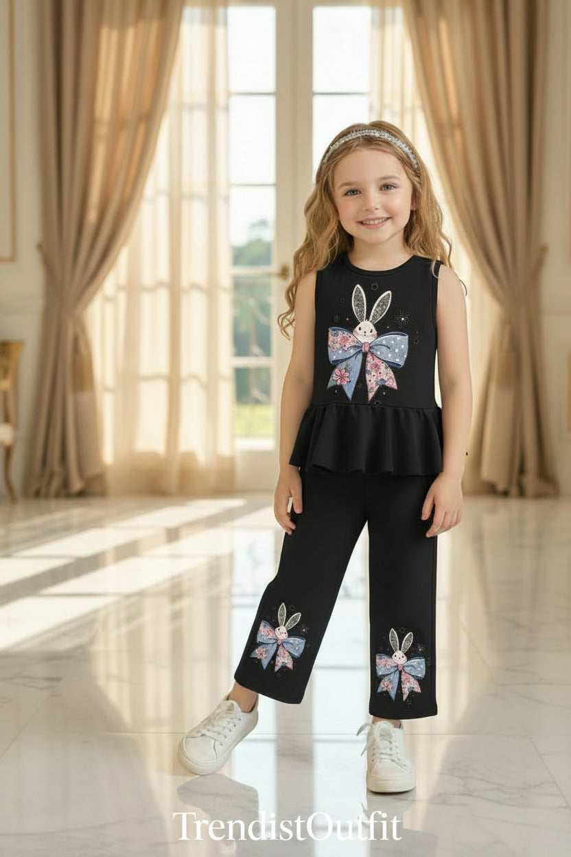 CUTE BUNNY BOW PRINTED SLEVELEES FROCK SET - BLACK