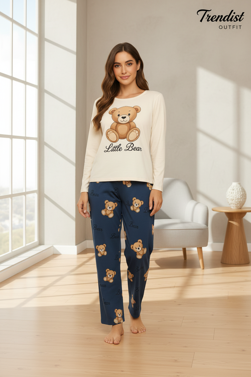 Off White Little Bear Printed Night Suit For Women PJ Set