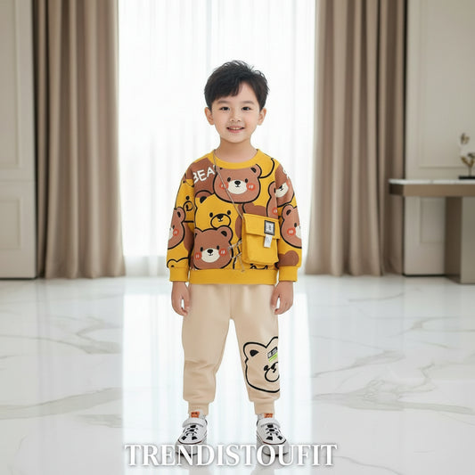 YELLOW BEAR POCKET STYLE WINTER KIDS SWEETSHIRT SET