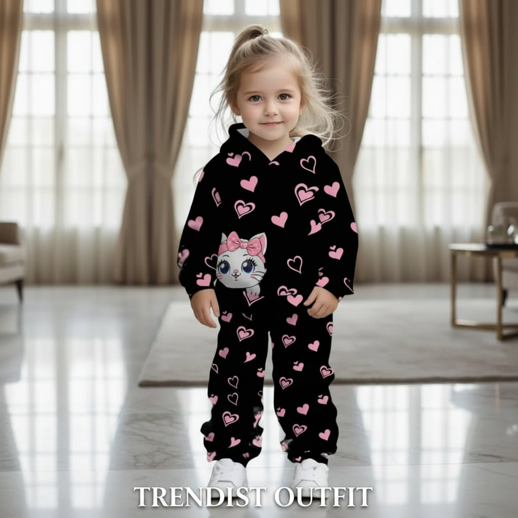 BLACK KITTY WITH PINK HEART KIDS SWEETSHIRT SET