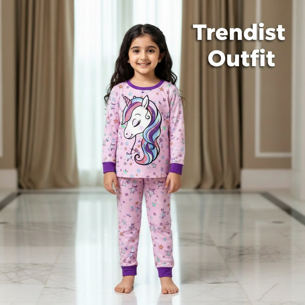 Purple Unicorn with stars Printed Kids Night Suit