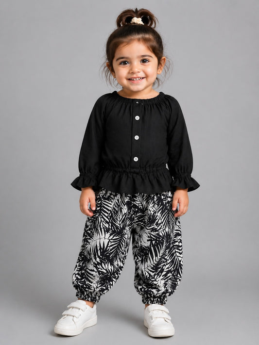 NOVA LEAF PRINTED PAJMA SET BLACK