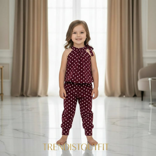 MAHROON POLKA DOT KIDS SILEEVLESS SUIT