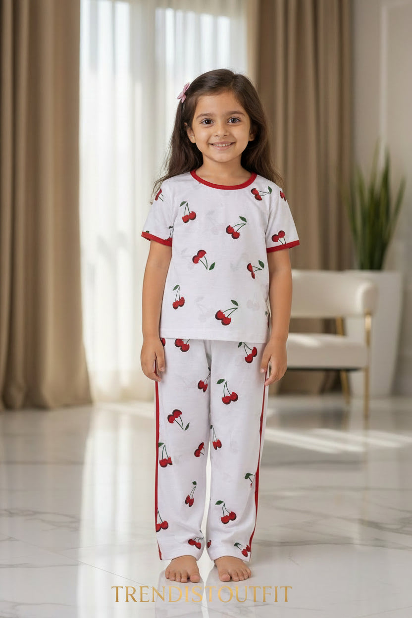 RED CHERRY BEAUTIFULL WHITE SHIRT & TROUDER FOR GIRL KIDS WEAR