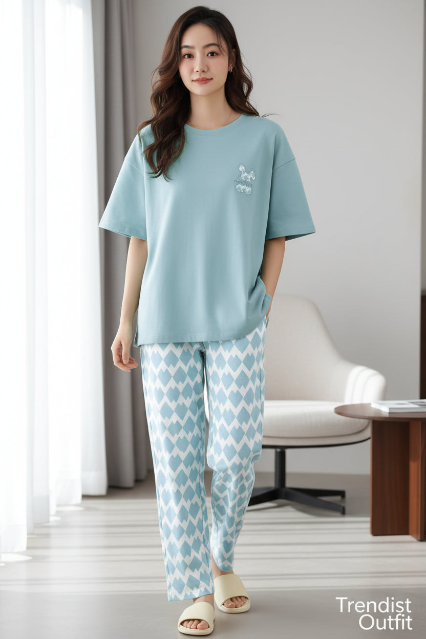 SKY BLUE & WEITH PRINTED PJ SETS