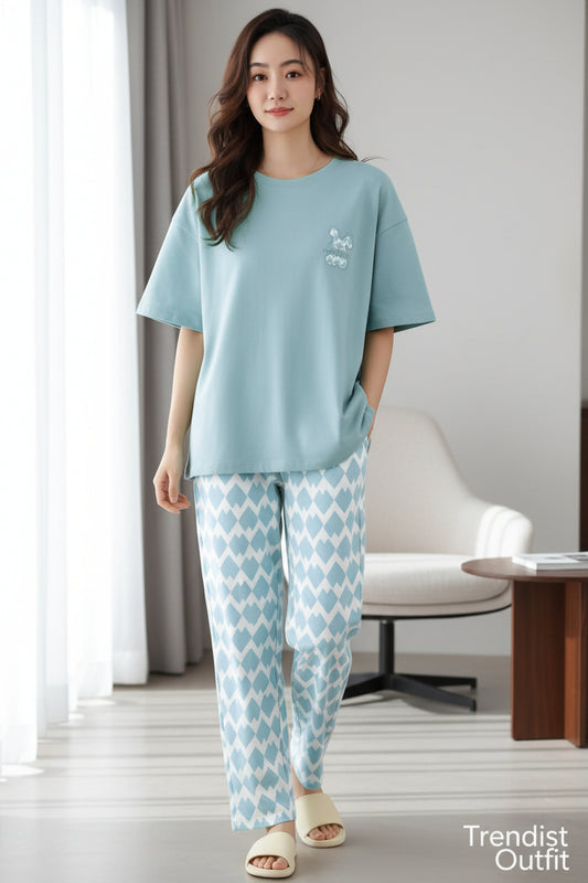SKY BLUE & WEITH PRINTED PJ SETS