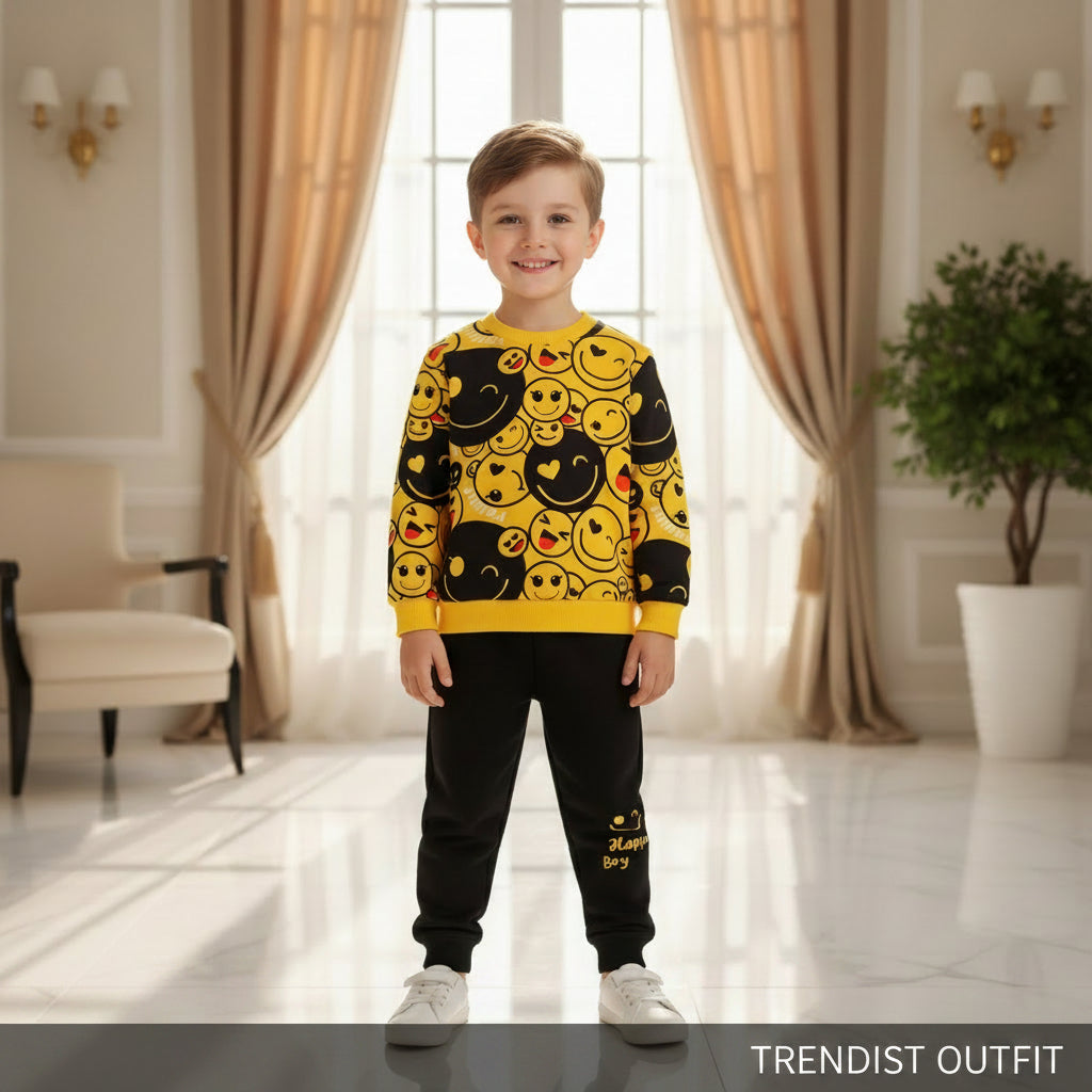YELLOW EMOJI KIDS WINTER PANEL SWEETSHIRT SET