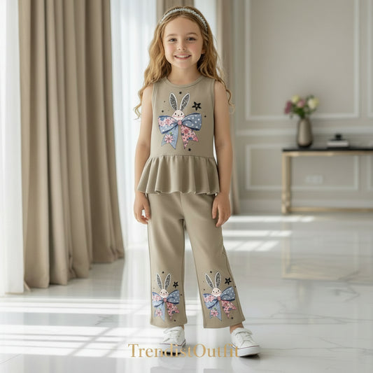 CUTE BUNNY BOW PRINTED KIDS SLEEVELESS FORCK SET BAGIE