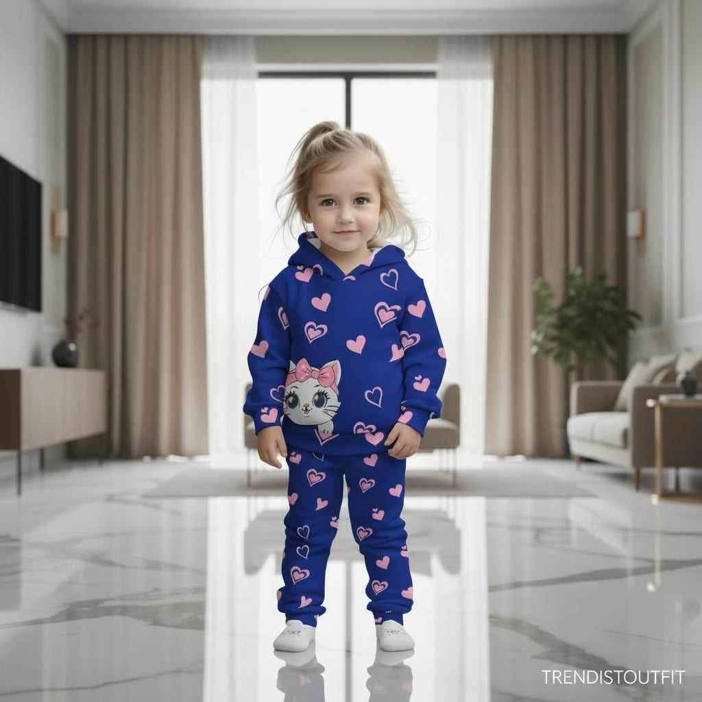 BLUE KITTY WITH PINK HEARTT KIDS SWEETSHIRT SET