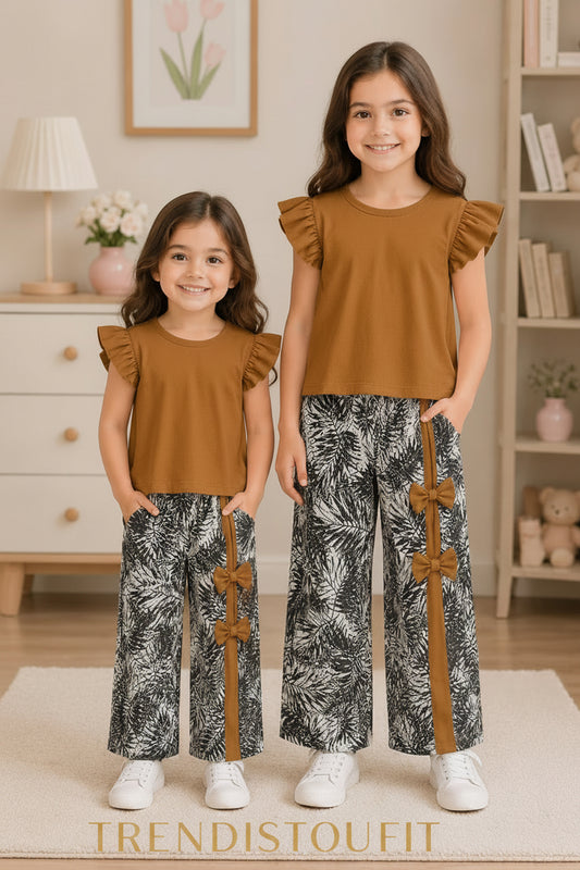 BROWN RIB BOW KIDS FROCK SET