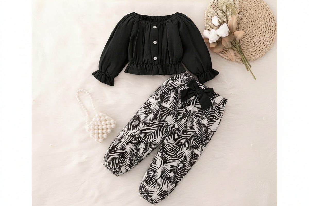 NOVA LEAF PRINTED PAJMA SET BLACK