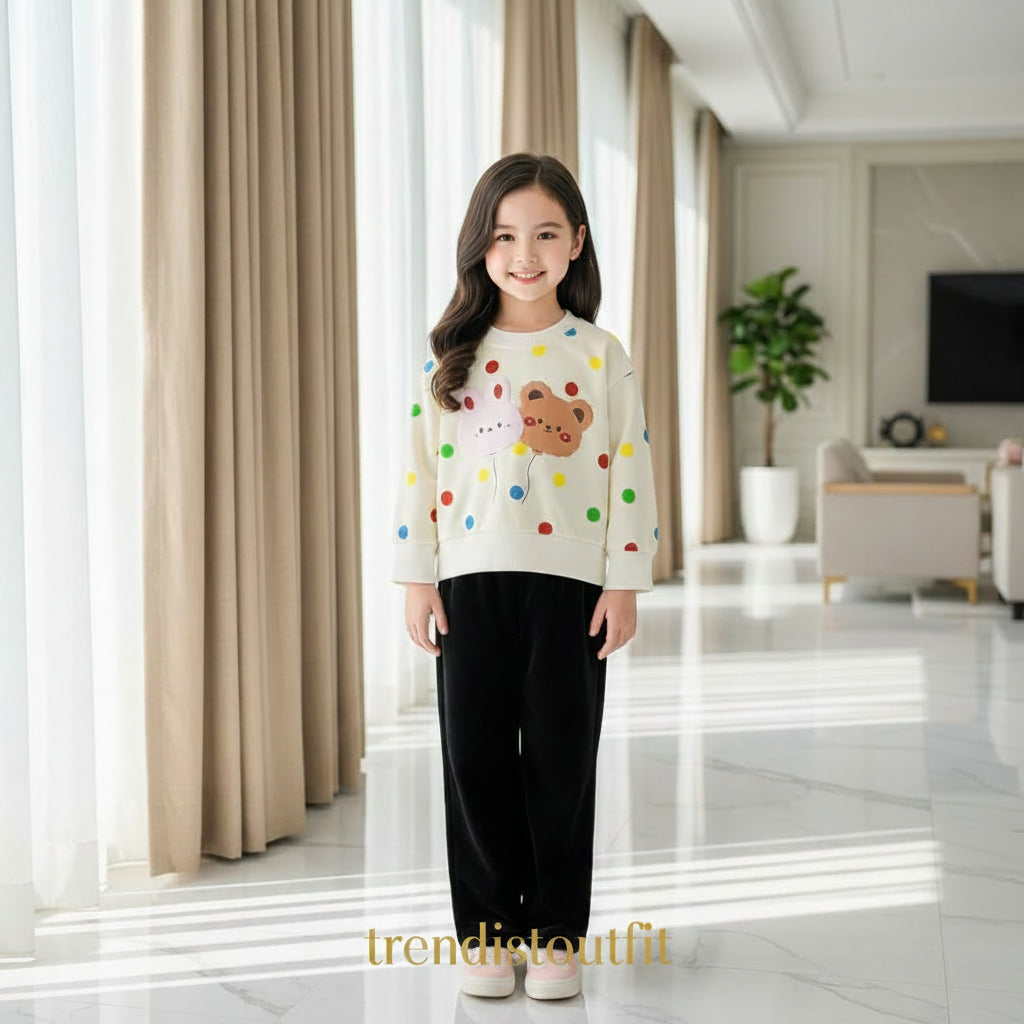 MULTI DOTS WITH BEAR PRINTED KIDS WINTER SWEETSHIRT SET