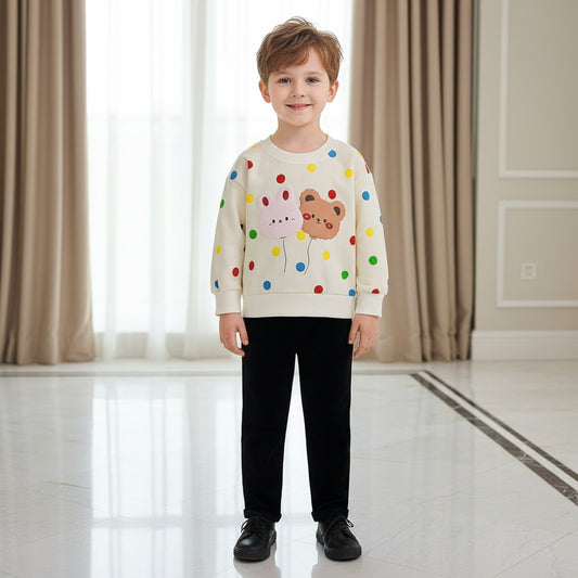 MULTI DOTS WITH BEAR PRINTED KIDS WINTER SWEETSHIRT SET