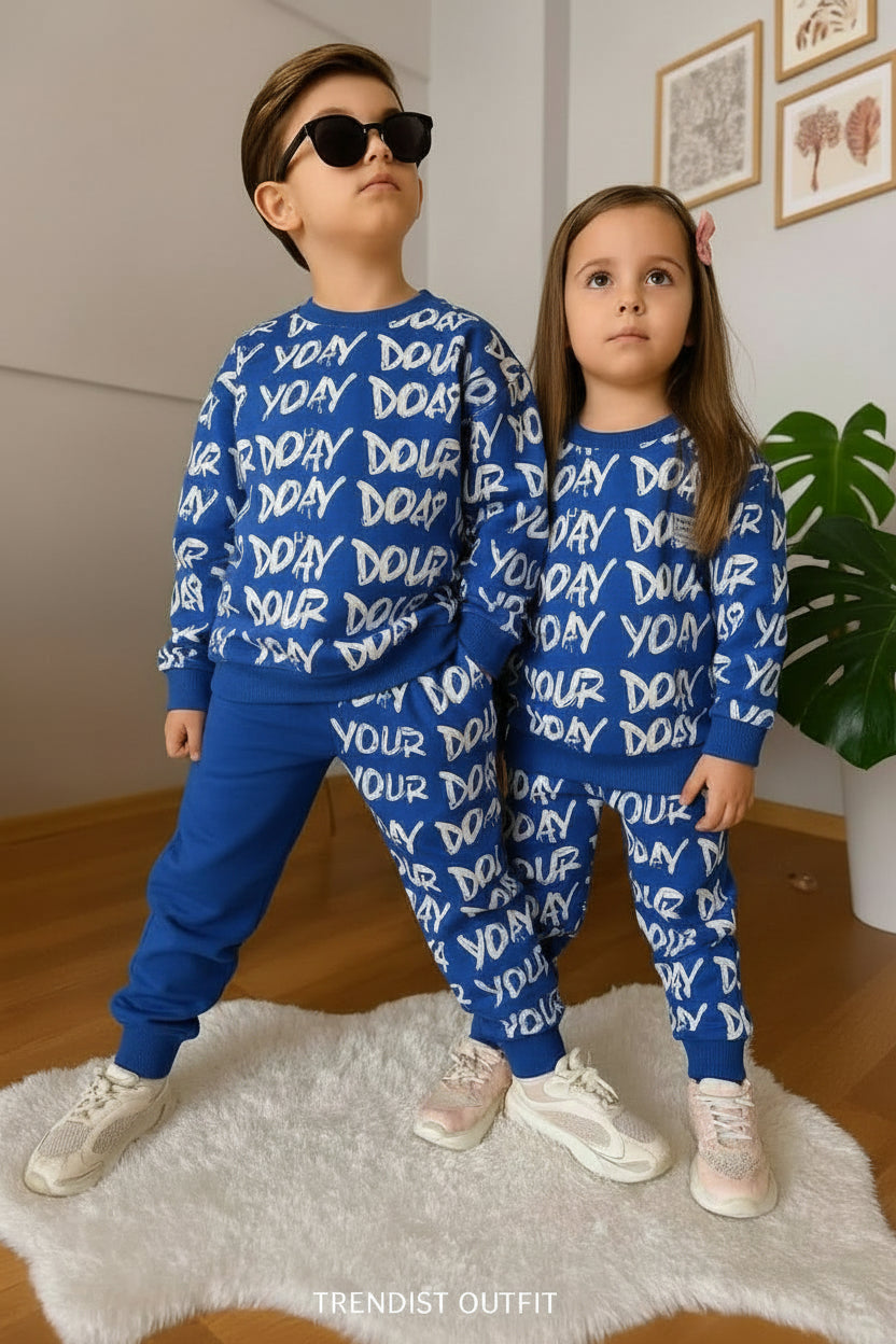 BLUE: YOUR DAY PRINTED WINTER KIDS SWEETSHIRT SET