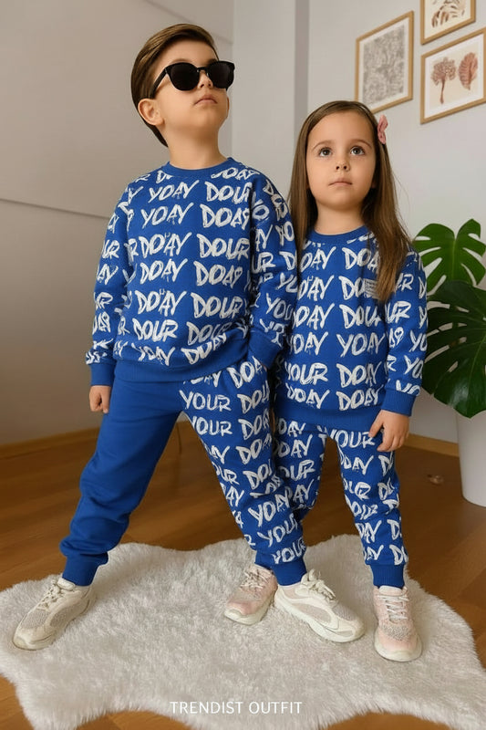 BLUE: YOUR DAY PRINTED WINTER KIDS SWEETSHIRT SET