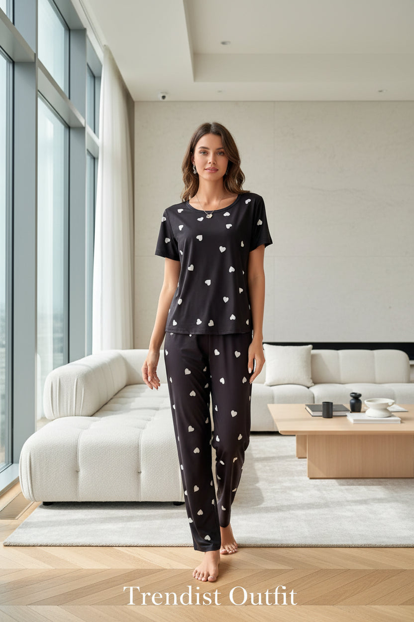 Black & White Heart Printed Women PJ Set