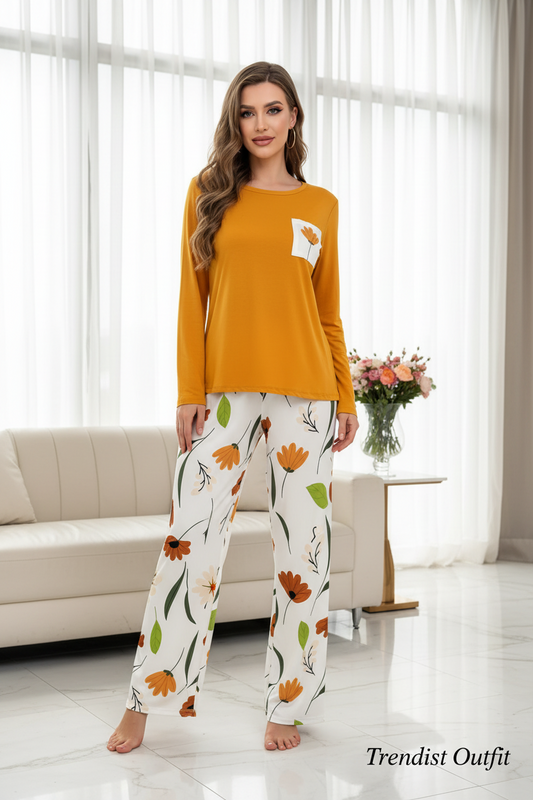 Yellow Flower Pocket Printed Night Suit For Women PJ Set
