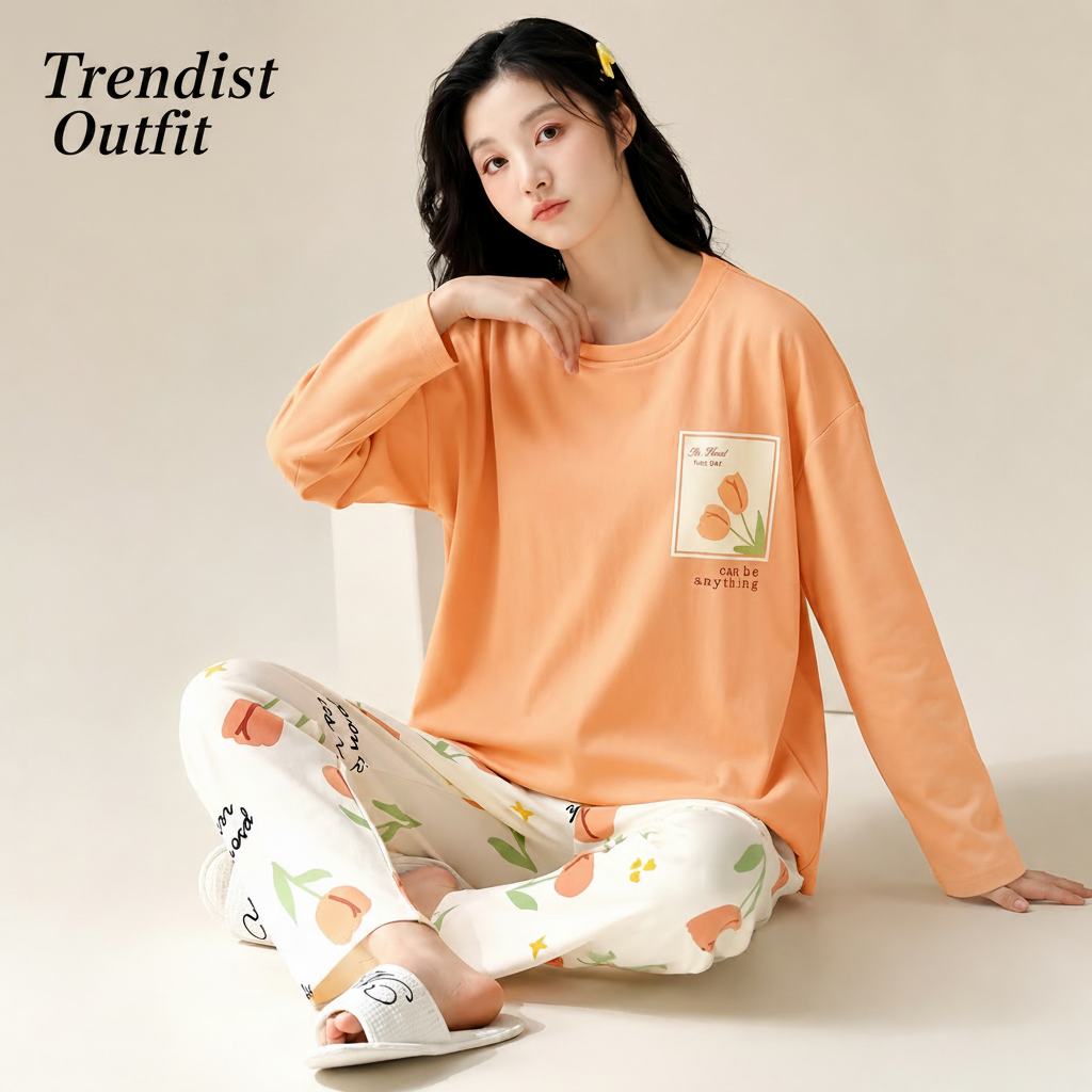 Orange Printed Pocket Night Suit For Women PJ Set