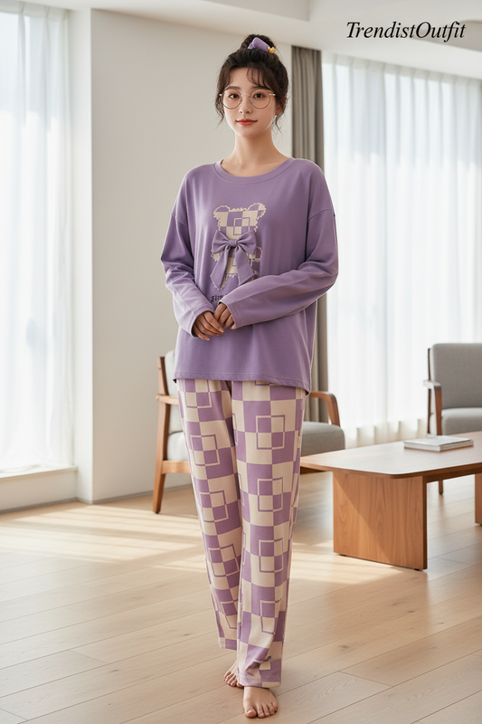 Purple Lovely Bear Printed Night Suit For Women PJ Set