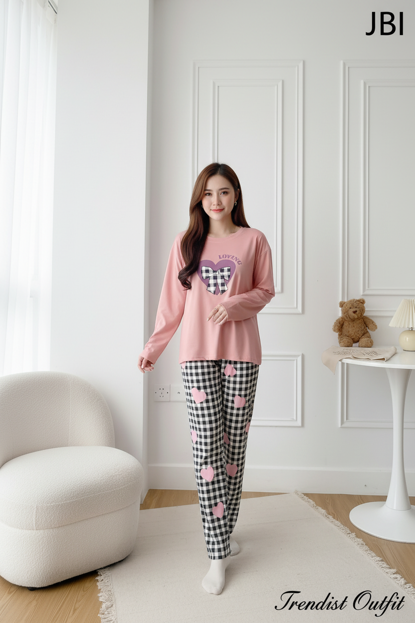 Baby Pink Loving with Check Ribbon Printed Night Suit For Women PJ Set