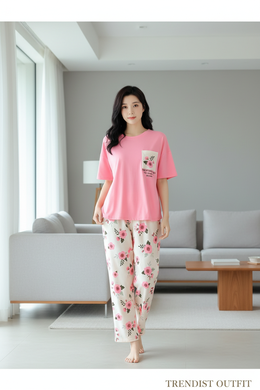 Pink Flower Printed Pocket Night Suit For Women PJ Set