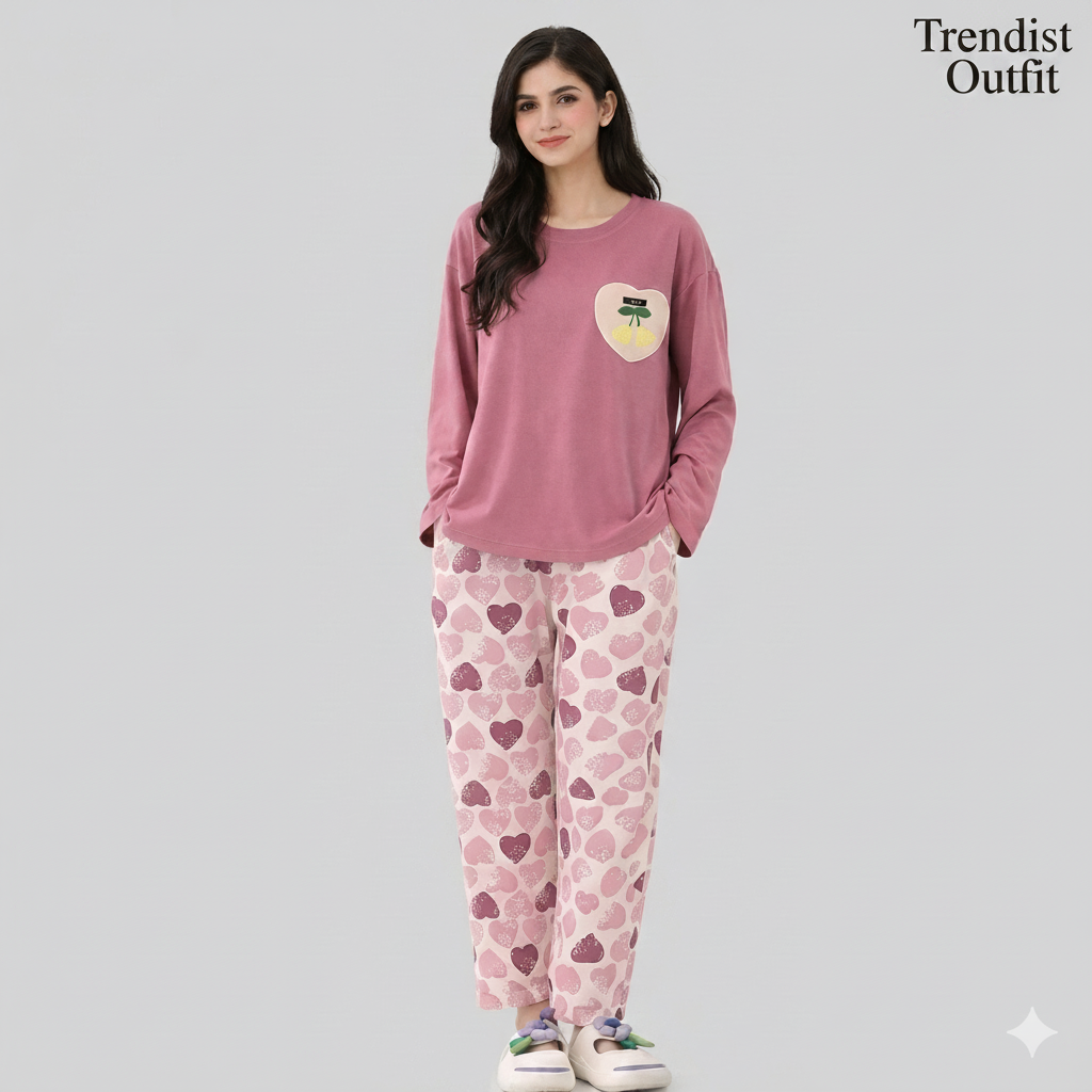 Cozy Berry Pink Printed Night Suit For Women PJ Set