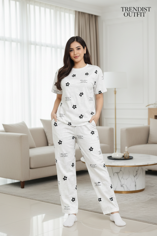 White & Black Daisy Printed Night Suit For Women PJ Set
