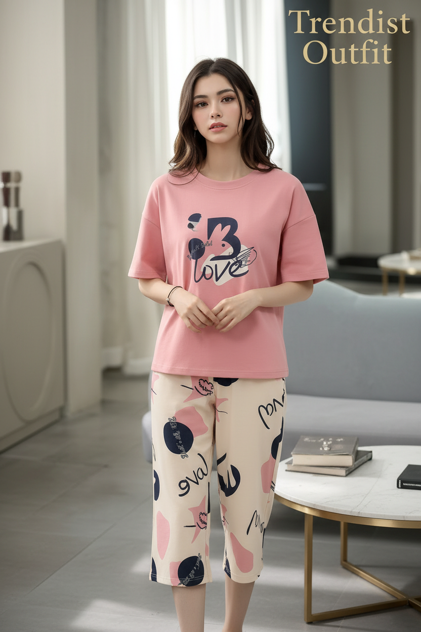 Pink Love Half Sleeves Printed Night Suit For Women PJ Set