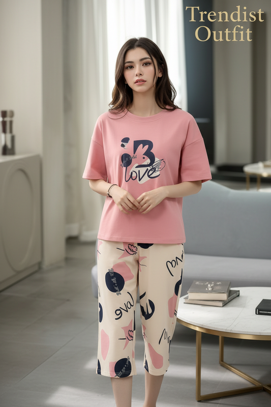 Pink Love Half Sleeves Printed Night Suit For Women PJ Set