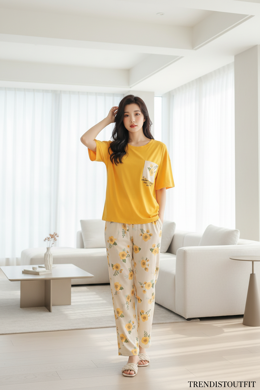 White Pocket Yellow Flowers Printed Night Suit PJ Set