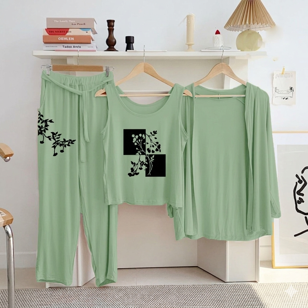 GREEN 3 PIECE PRINTED LOUNGEWEAR & HOME WEAR SETS COMFY NIGHTSUIT
