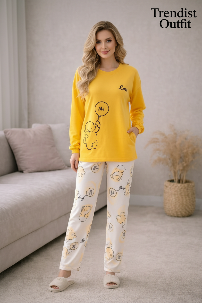 Yellow "Love Me" Cartoon Printed Night Suit For Women PJ Set