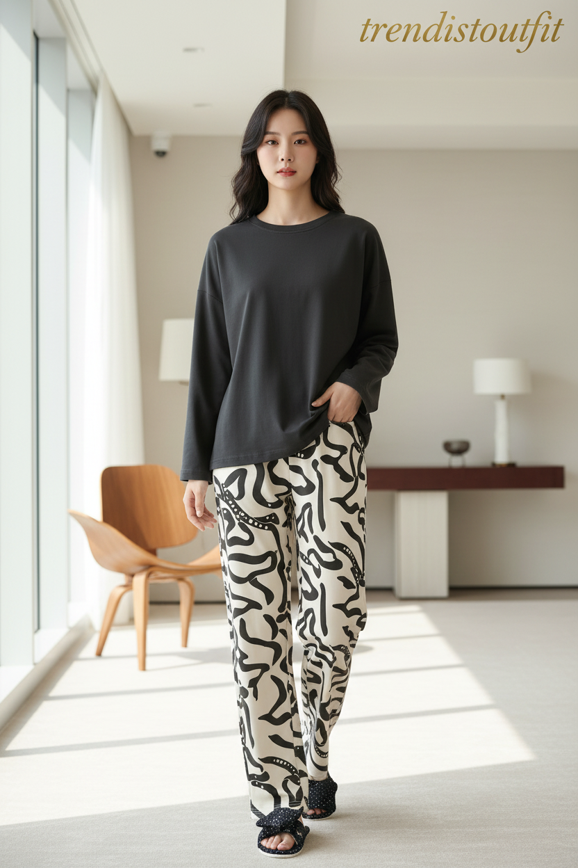 Black Ribbon Printed Night Suit For Women PJ set