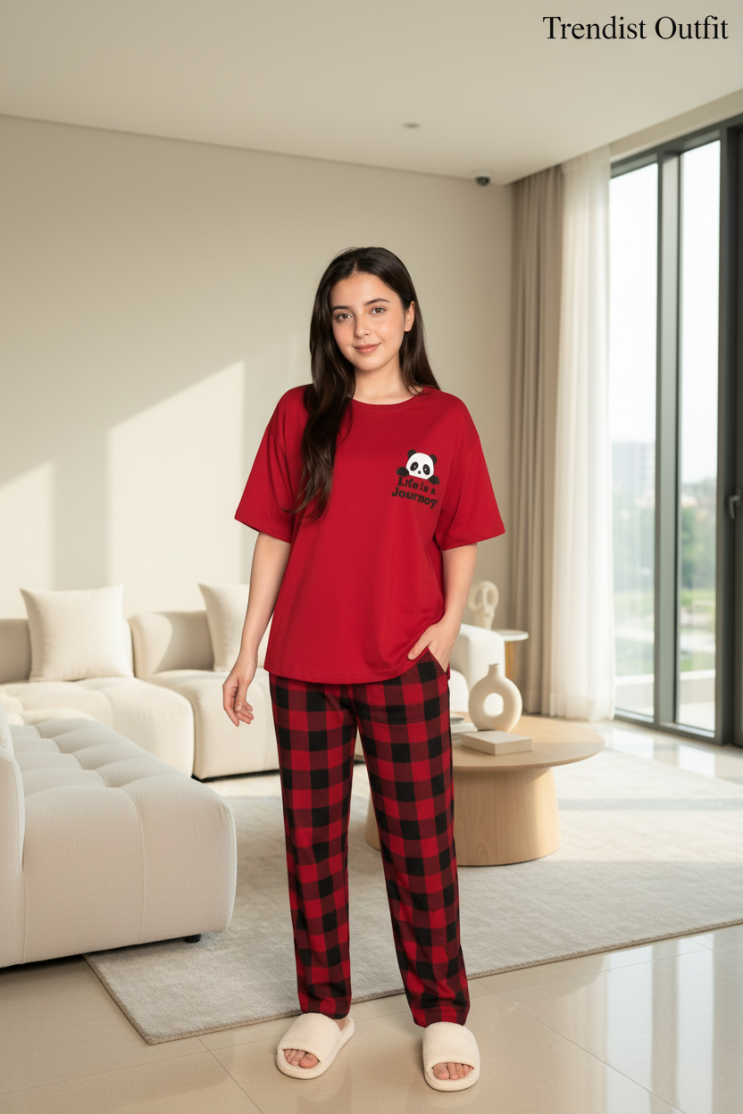 Cute Panda Graphic Printed Night Suit For Women PJ Set