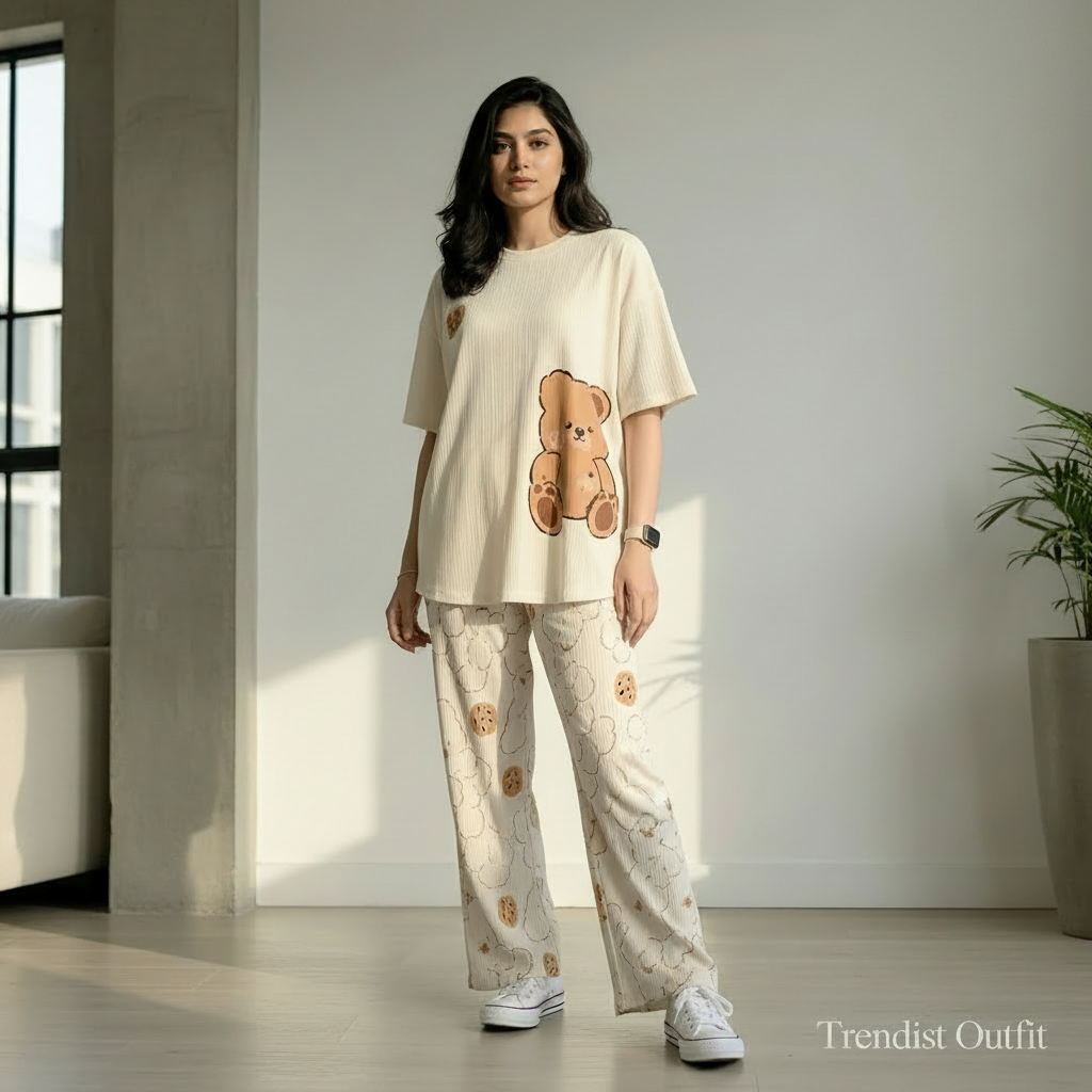 Cream Ribbed Teddy Bear & Cookie Printed Night Suit For Women PJ Set
