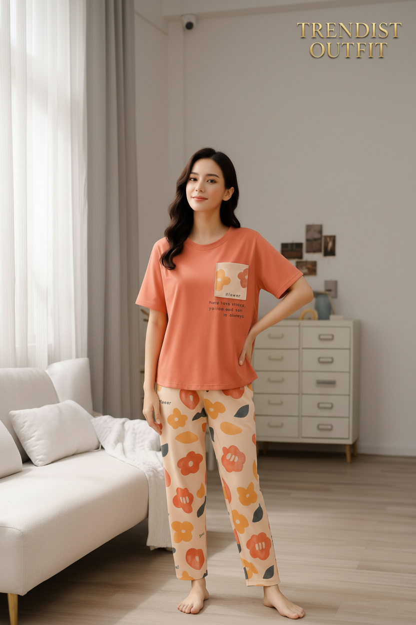 Terracotta Orange Retro Flower Printed Night Suit For Women PJ Set