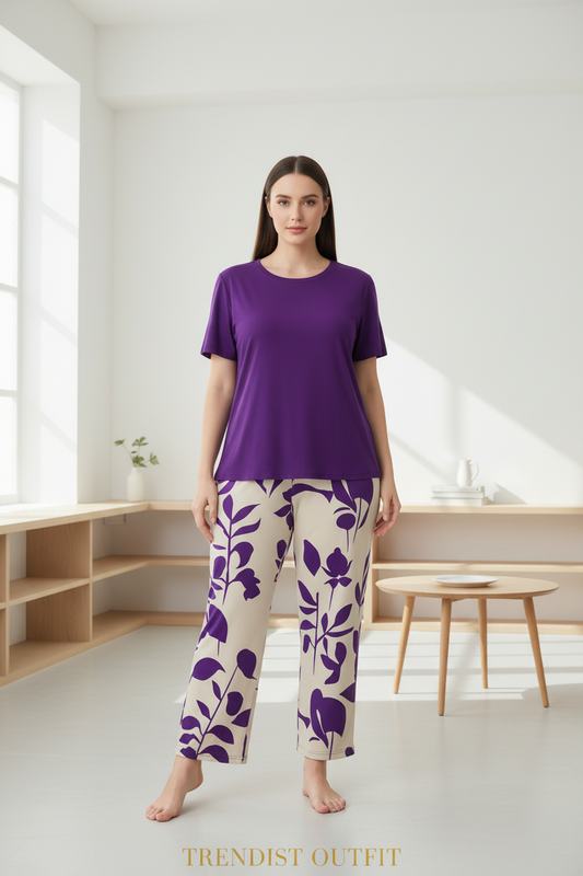 Bold Purple & Floral Printed Suit For Women PJ Set