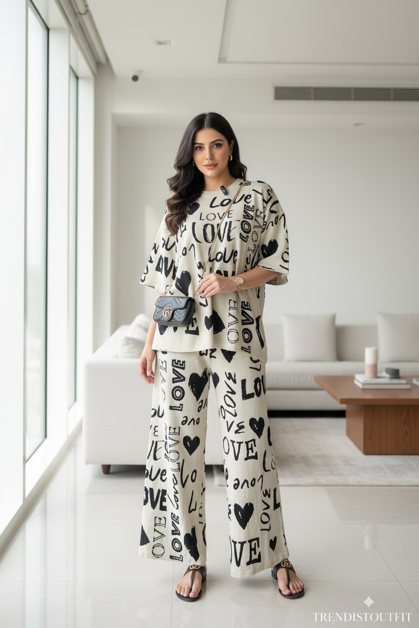 Chic Streetwear Drop Shoulder Night Suit For Women PJ Set