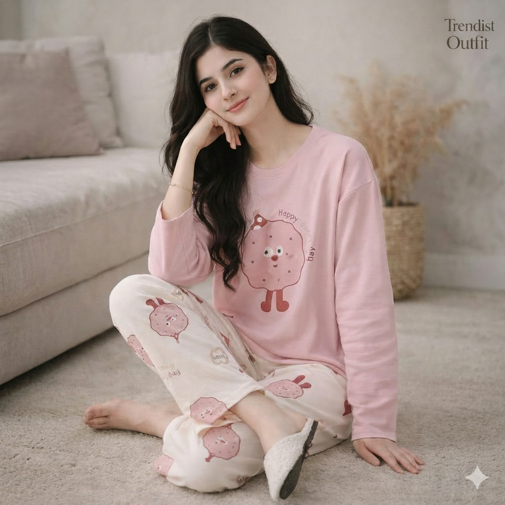 Blush Pink & Cream Printed Night suit For Women PJ Set