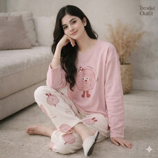 Blush Pink & Cream Printed Night suit For Women PJ Set