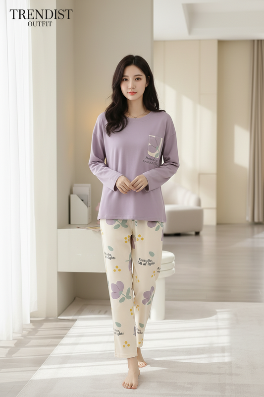 Cozy Mauve Purple & Cream Printed Night Suit For women PJ Set