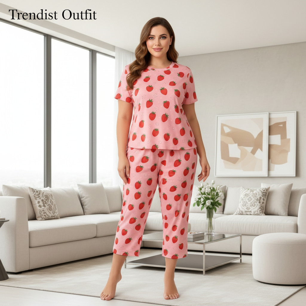 Pink Printed Strawberry Night Suit For Women PJ Set