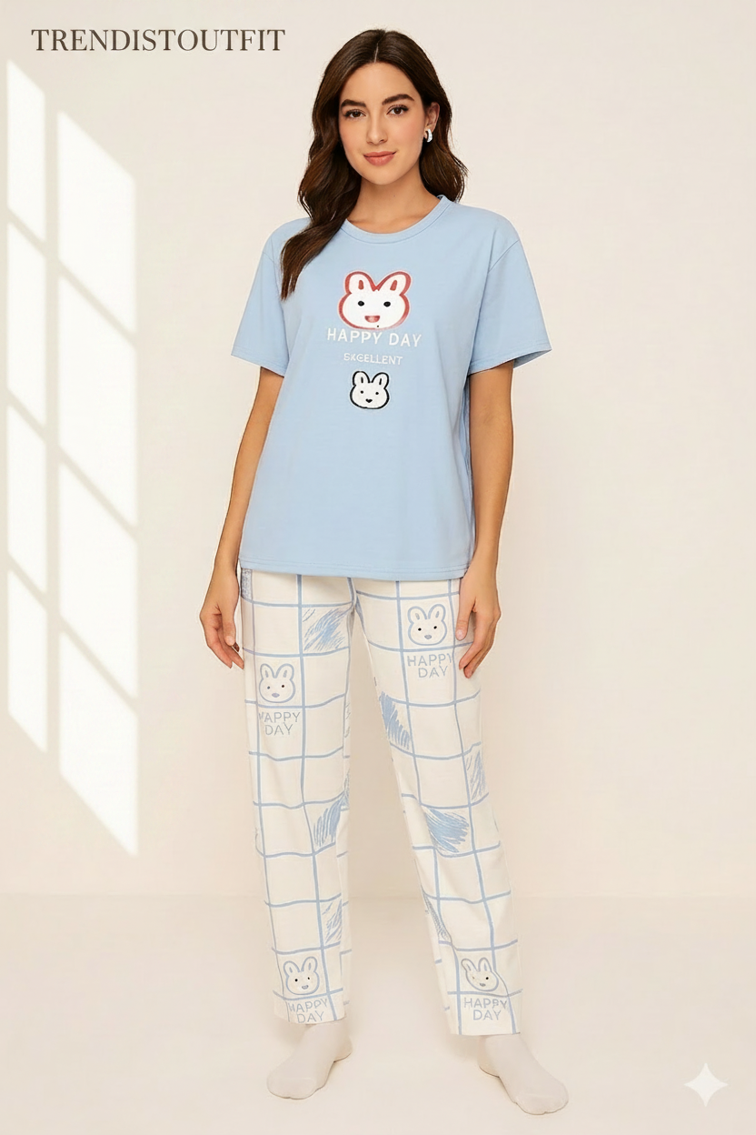 Cute Bunny Printed Night Suit For Women PJ Set