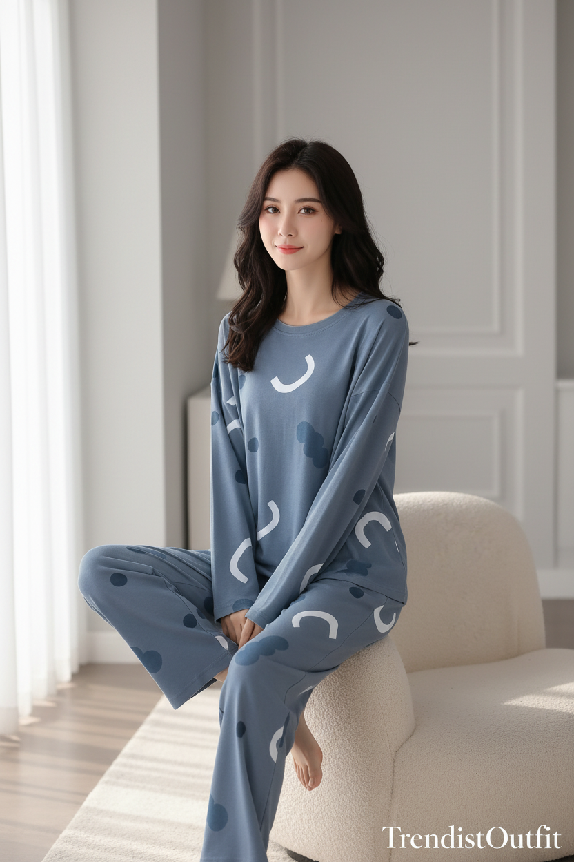 Dusk Blue Printed Night Suit For Women PJ Set