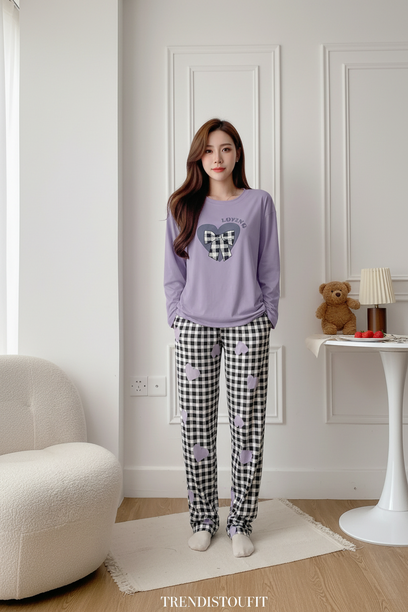 Purple Heart Loving Printed Night Suit For Women PJ Set