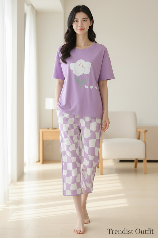 Purple Blossom Checkerboard Night Suit For Women PJ Set