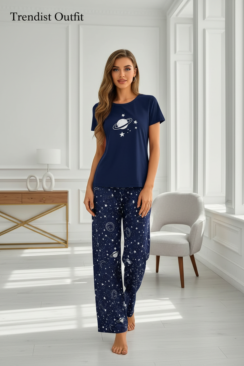 Navy Blue Cute Planet Printed Night Suit For Women PJ Set
